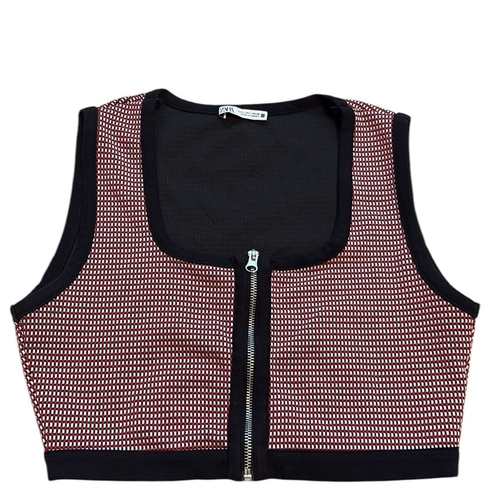 Zara Sleeveless Crop Top Zipper Front Red & Black Size L